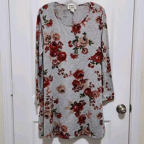 TMG New York Womens XL Long Sleeve Gray Red Floral Mini Sweater Dress Bloomcore - Picture 1 of 5